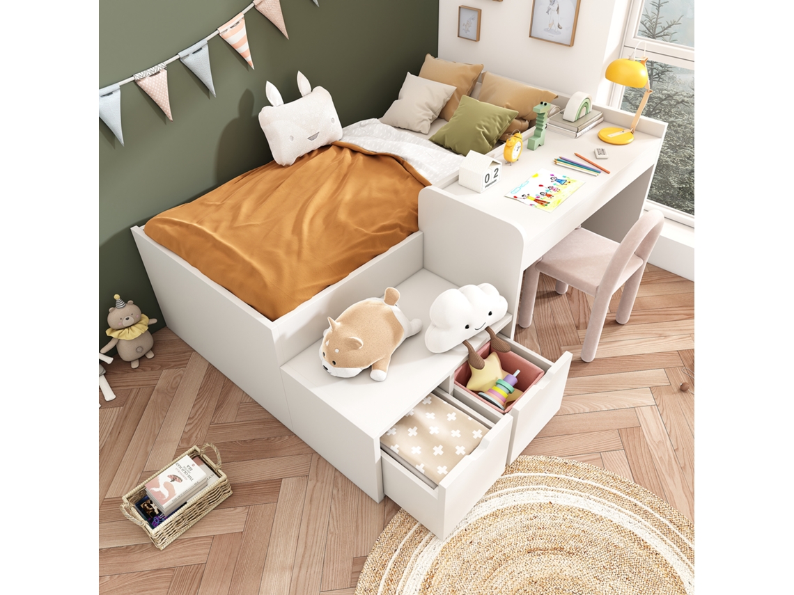 ZIWEI STORE Beliche Infantil com Tecto com Janela e Gaveta Inferior com Rodízios 90x200cm Pinho + Mdf Branco + Azul Escuro