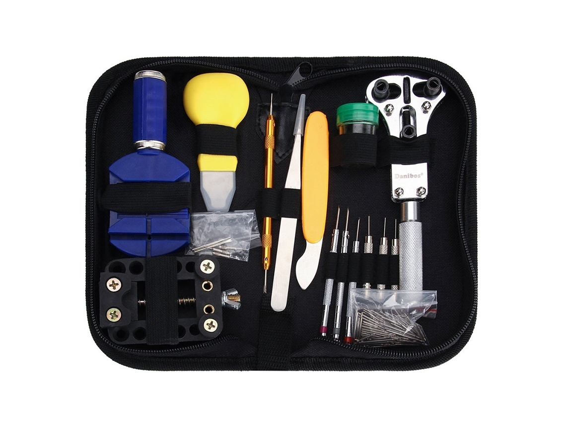 Kit de ferramentas portátil para reparo de relógios com 162 peças e abertura para caixa.