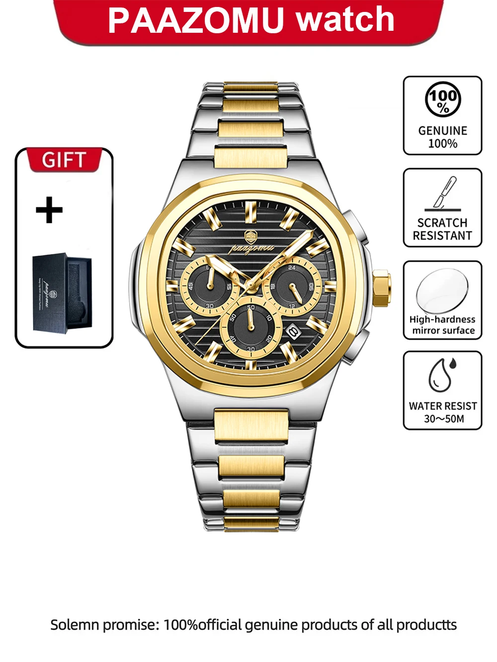 Relógio Elegante E À Prova D'água (dourado E Preto) Com Cronógrafo E Indicador De Data.