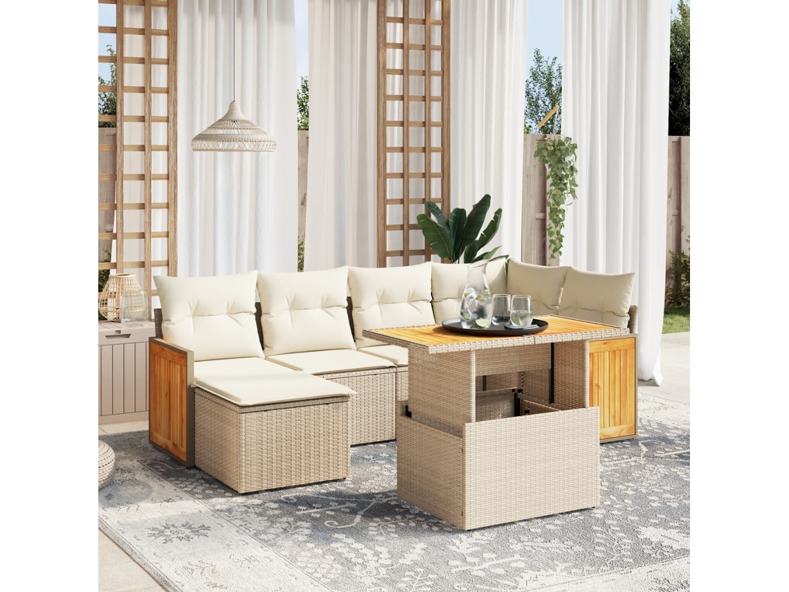 Vidaxl 7 Pcs Conjunto De Sofás P/ Jardim Com Almofadões Vime Pe Bege