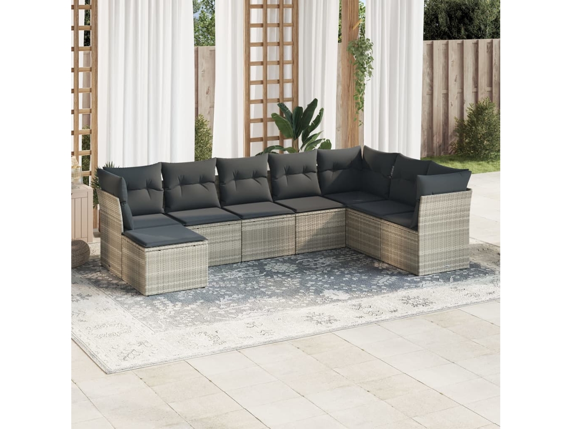 Vidaxl 8 Pcs Conj. Sofás Jardim C/ Almofadões Vime Pe Cinzento-claro