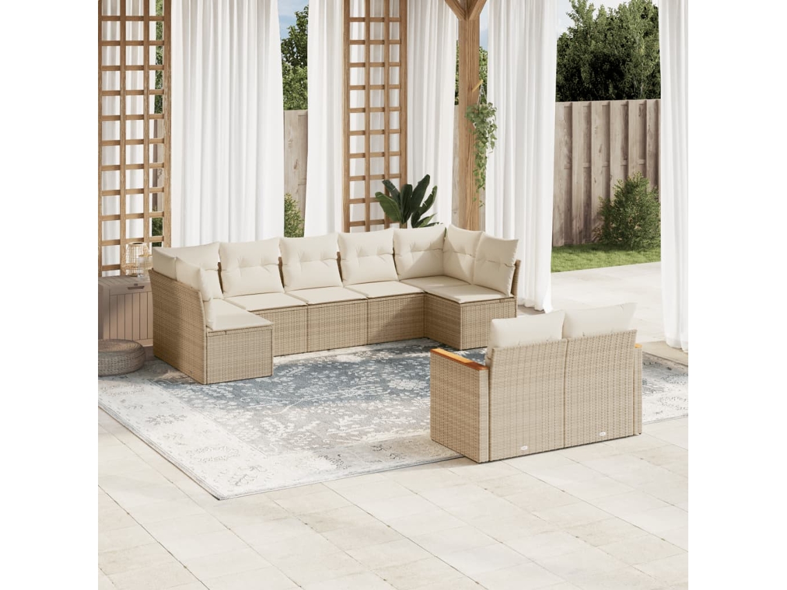 Vidaxl 9 Pcs Conjunto De Sofás P/ Jardim Com Almofadões Vime Pe Bege