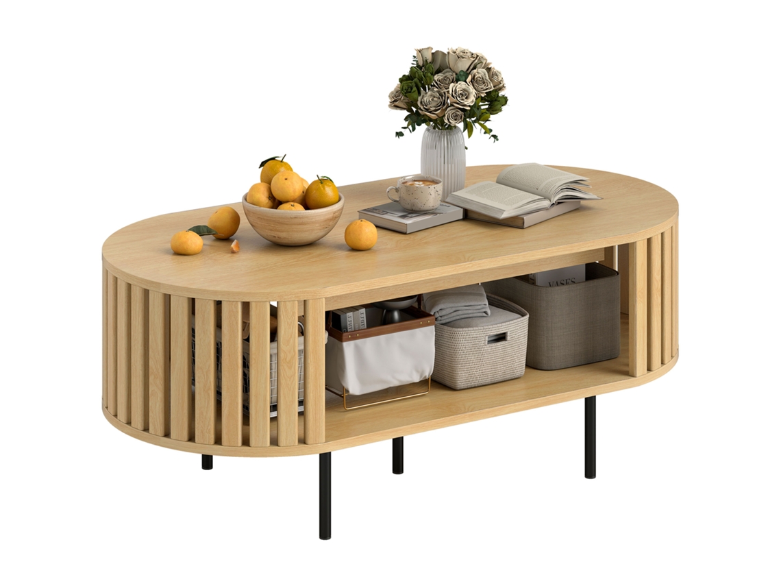 Mesa De Centro Oval, Mesa De Centro Com Armazenamento, Cantos Arredondados, Em Ripas, 100 X 50 X 40 Cm, Efeito Madeira Natural Ch