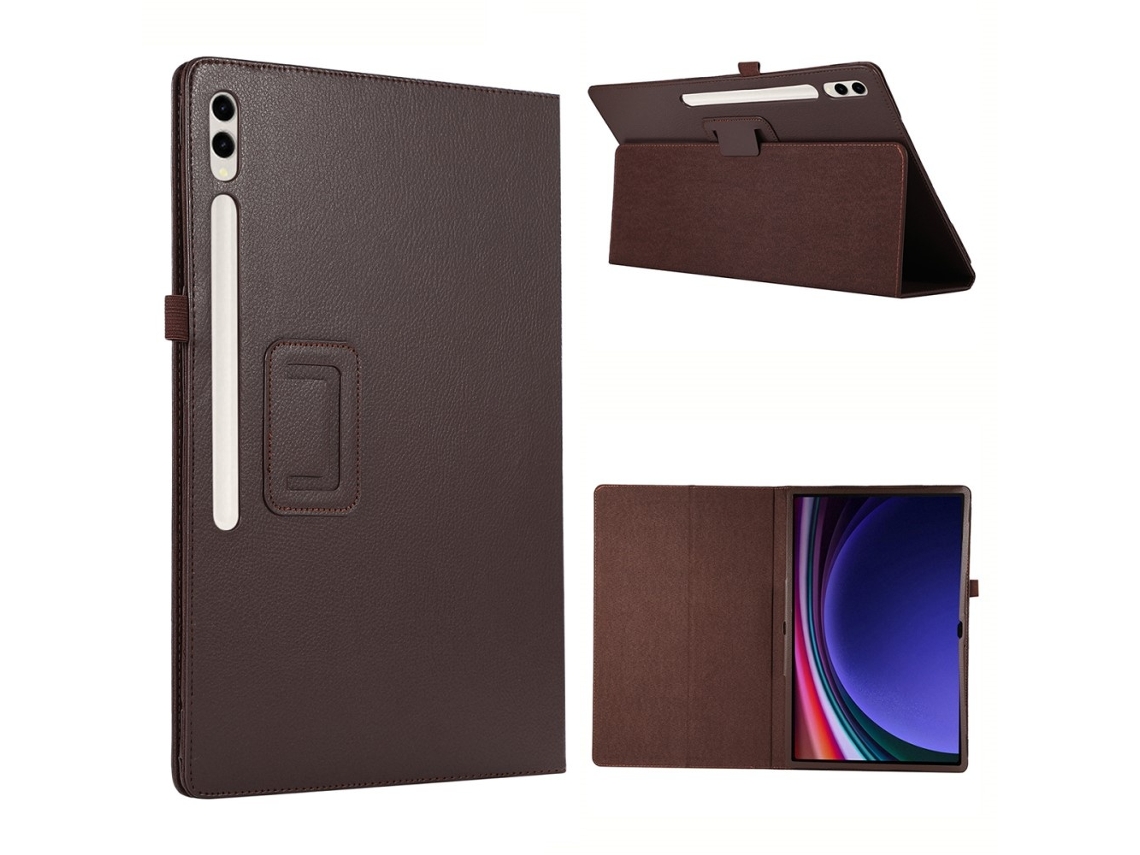 Couro de camada dupla com textura de lichia para Samsung Galaxy Tab S10 Ultra, marrom