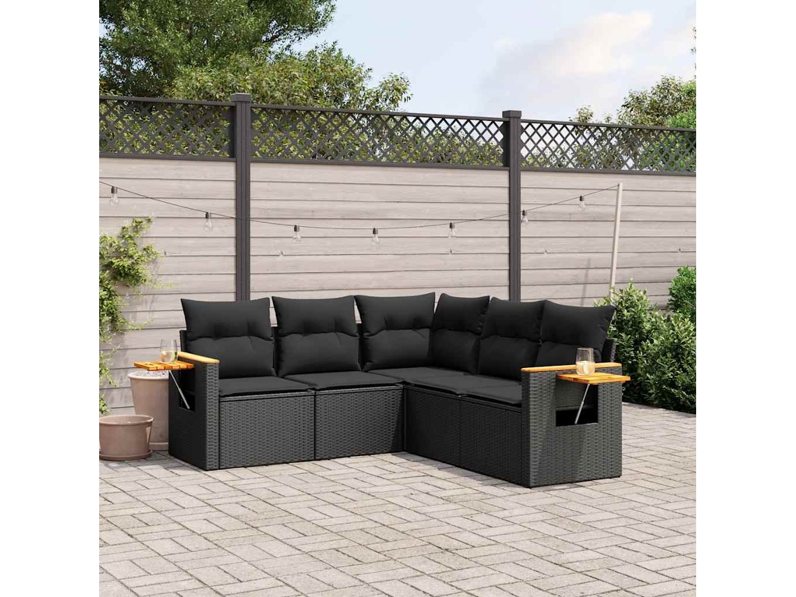 Vidaxl 5 Pcs Conjunto Sofás de Jardim com Almofadões Vime Pe Preto