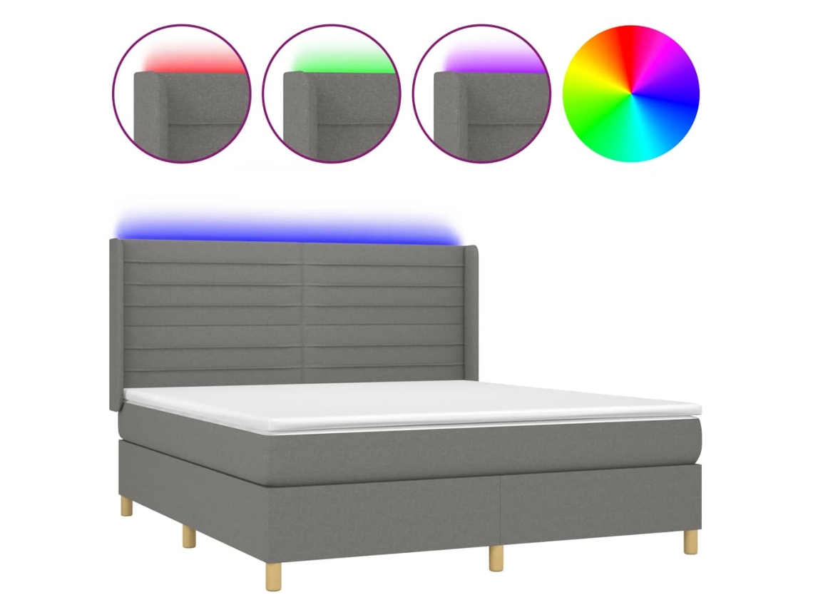 Cama Box Spring com Colchão e Led Tecido Cinza Escuro MAISON EXCLUSIVE (160x200 cm)