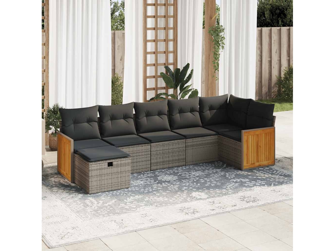 Vidaxl 7 Pcs Conjunto Sofás P/ Jardim C/ Almofadões Vime Pe Cinzento