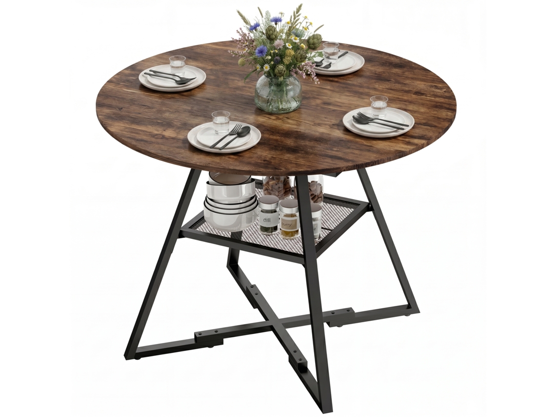 Mesa De Jantar Para 4 Pessoas, Mesa De Cozinha Industrial Redonda De 100 Cm Com Prateleira, Tampo Com Aparência De Madeira, Marrom Rústico