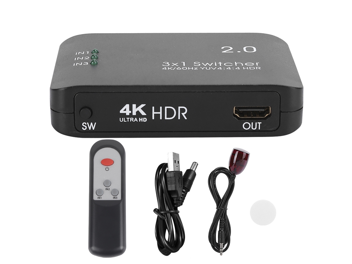 Aetheria comutador Hdmi 3 Entradas 1 Saída 4k 60hz com Controle Remoto Ir Led Abs Adaptador