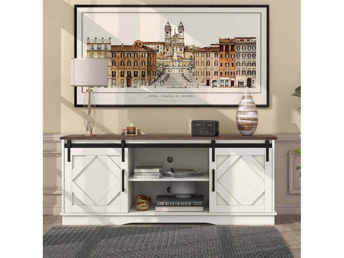 Conjunto de Parede para TV Branco 4 Peças 160x40x45 cm, Montagem ou Suspenso, para Tvs até 80 polegadas, 3 Portas, 2 Nichos KOMHTOM
