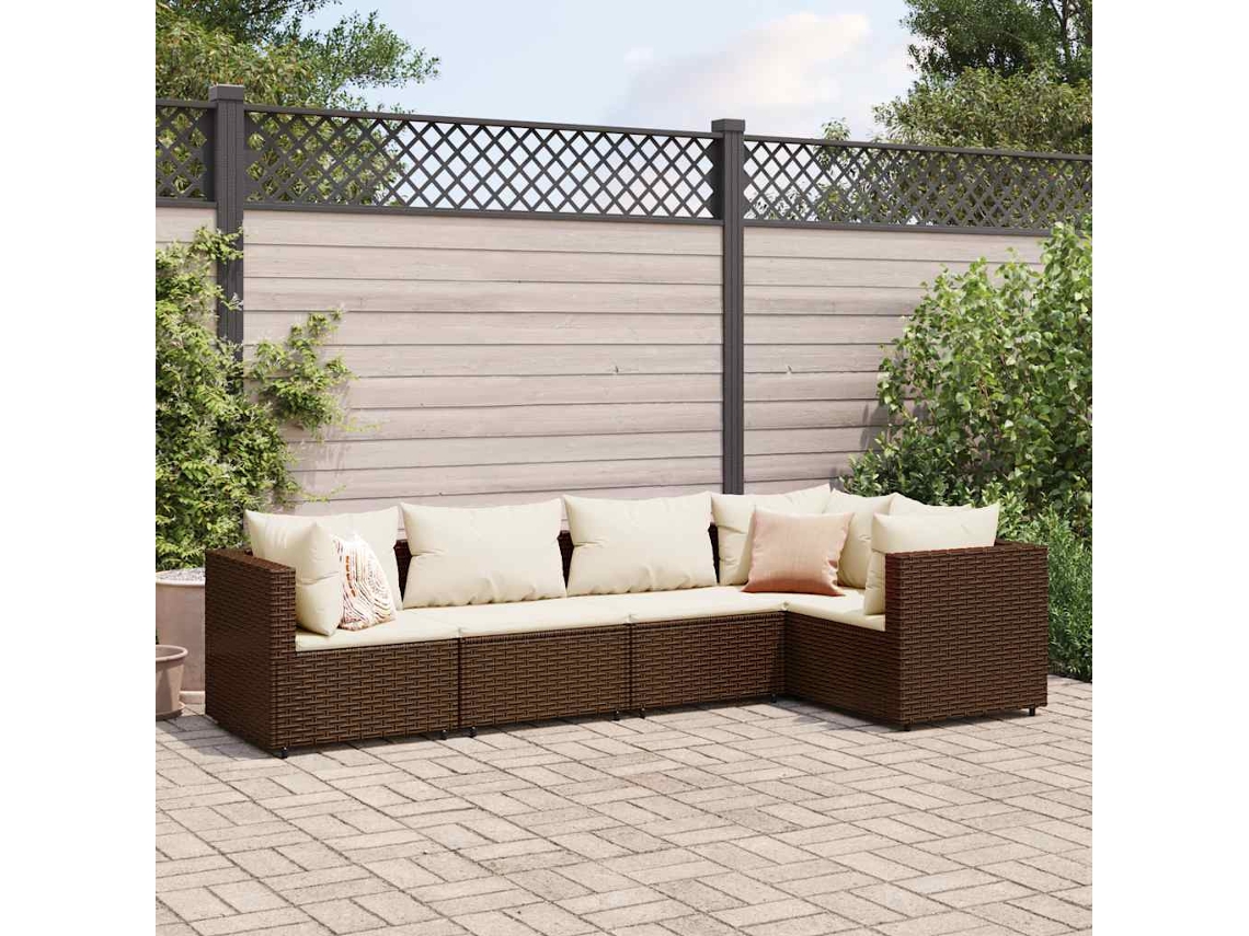 Vidaxl 5 Pcs Conjunto Lounge Jardim C/ Almofadões Vime Pe Castanho