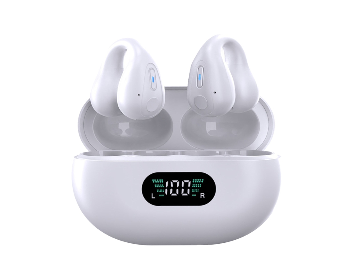Fones de Ouvido Bluetooth Clip On Open Ear com Condução Óssea 36h, Led e Estojo Branco S/MARCA