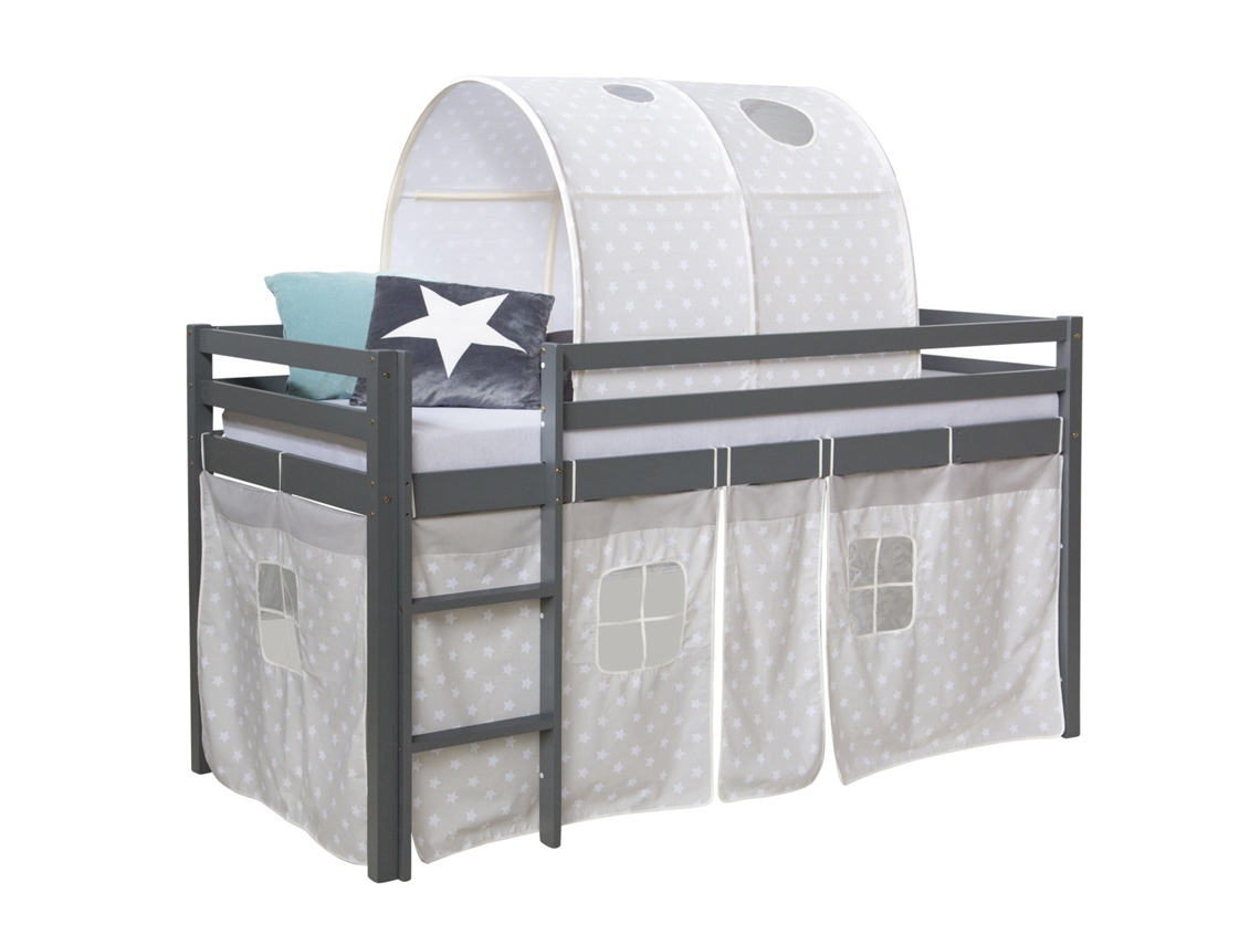Cama Alta De 90x200cm Com Escada De Madeira Cinza Tecido Com Estampa De Estrelas E Túnel Lit06178