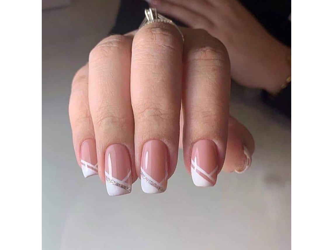 Conjunto de 24 Peças de Tips em Estilo Francês Inclinado Modelo Jp823 Conjunto de Aproximadamente 24 Peças de Gel Rosa