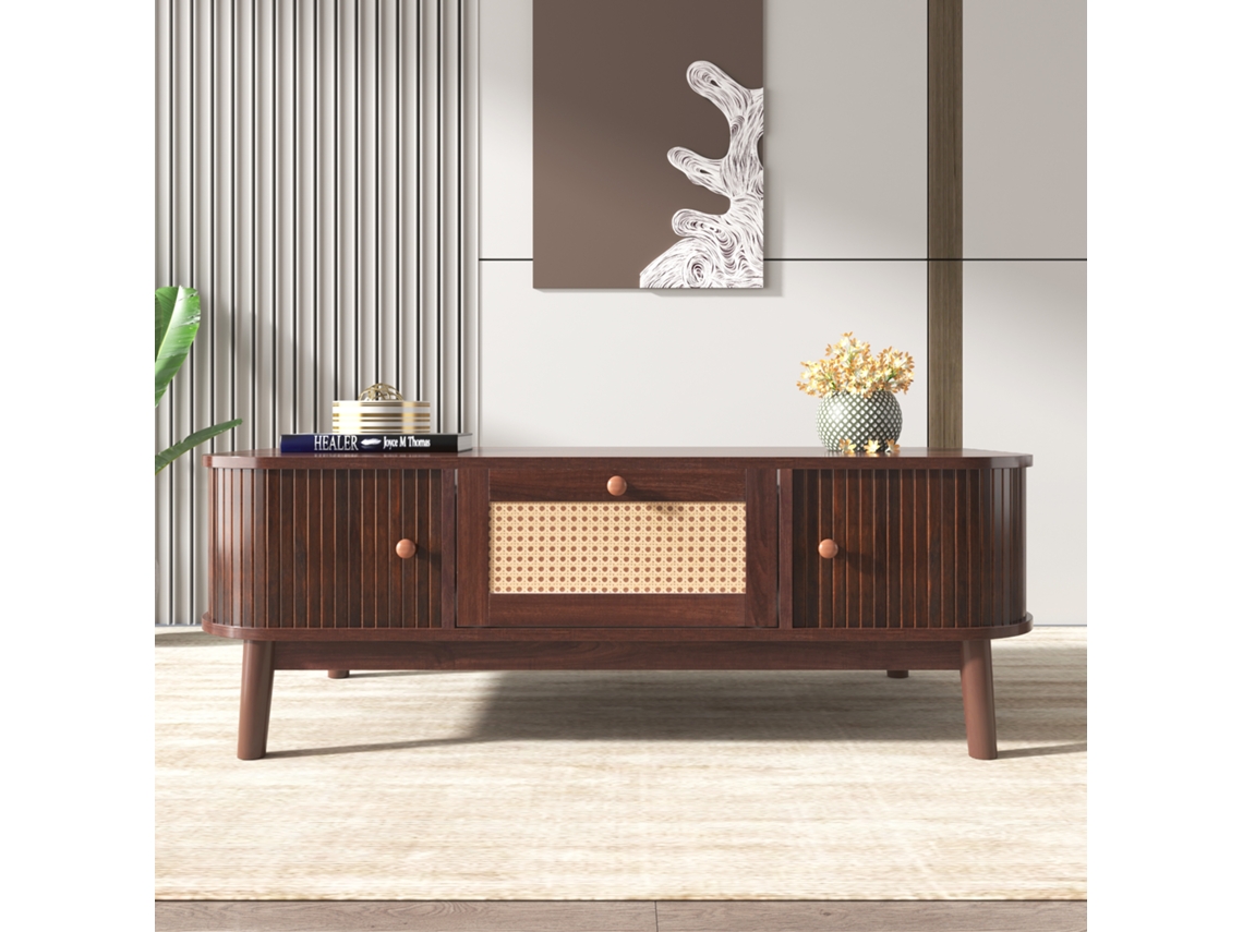 Mesa Centro Rattan Gavetas Portas Ripas Madeira Rústico