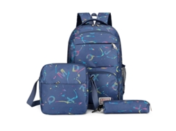 Mochila De Três Peças De Grande Capacidade, Estampada, Azul