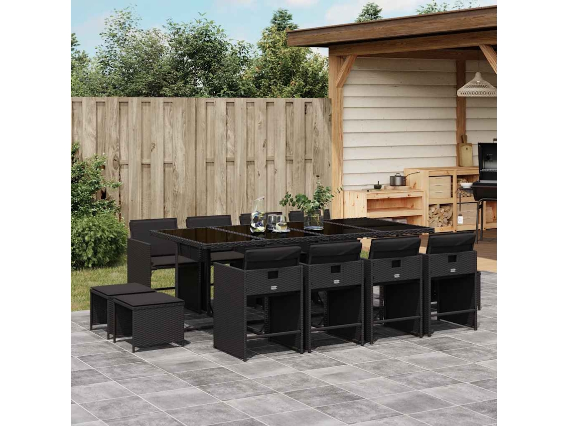 Vidaxl 13 Pcs Conjunto De Jantar P/jardim Com Almofadões Vime Pe Preto