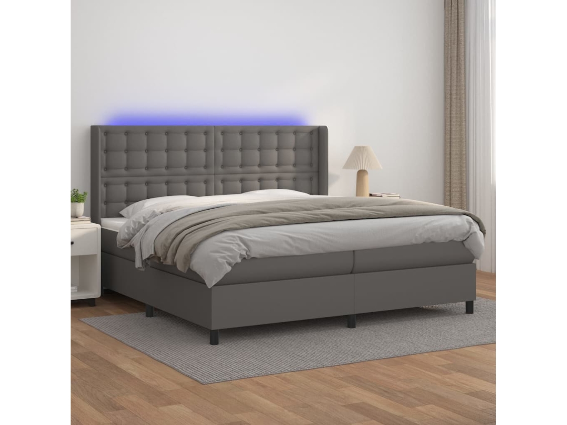 Vidaxl Cama Box Spring C/ Colchão/led 200x200cm Couro Artificial Cinza