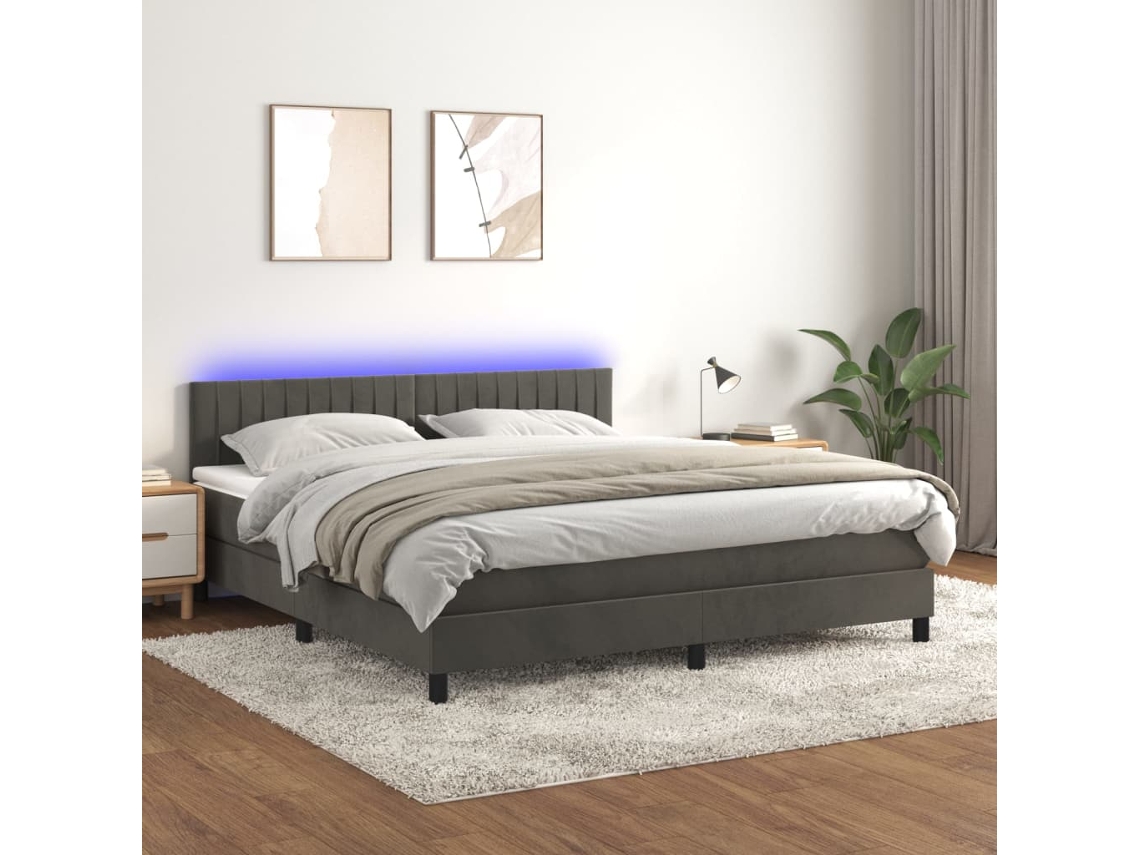 Vidaxl Cama Box Spring C/ Colchão/led 160x200cm Veludo Cinzento-escuro