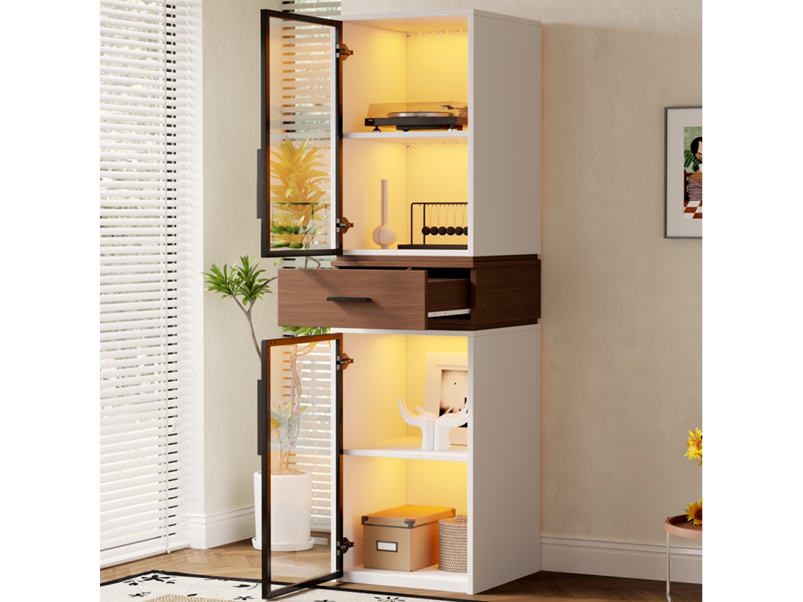 Vitrine de Vidro de 40x40x200cm com Iluminação de Led Armário Branco com Duas Portas de Vidro e uma Gaveta. um Móvel Versátil BAGOLY