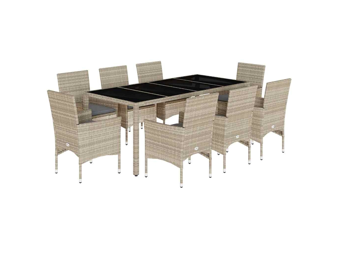 Conjunto de 9 Jantar Jardim com Almofadões Vime Pe/vidro Cinza Claro MAISON EXCLUSIVE