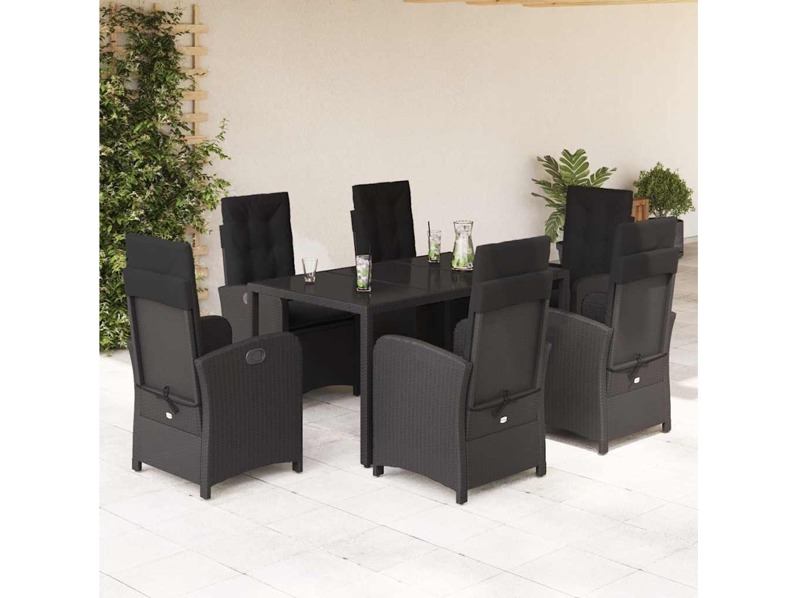 Vidaxl 7 Pcs Conjunto De Jantar P/ Jardim C/ Almofadões Vime Pe Preto