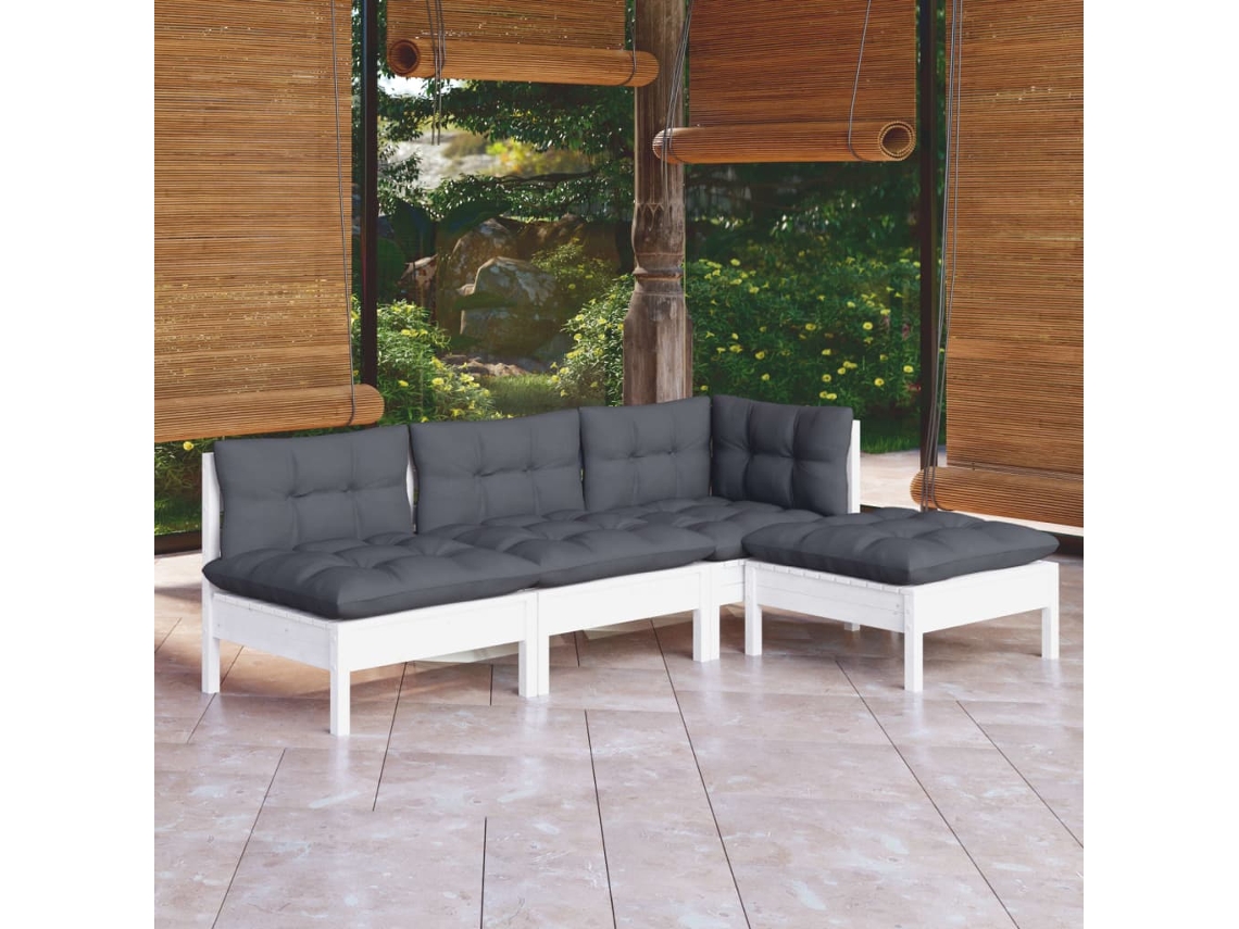 Vidaxl 4 Pcs Conjunto Lounge De Jardim C/ Almofadões Pinho Branco