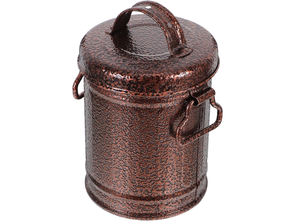 Cinzeiro vintage de ferro com tampa, design pequeno e portátil em formato de balde.