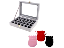Caixa De Jóias 24 Compartimentos 20x15x5cm E Um Conjunto De 3 Bolsas De Carpete Com Neve 120x85mm
