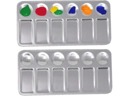 Paleta retangular de metal para mistura de tintas, composta por 2 peças, com 12 cavidades para aquarela, tinta acrílica e tinta a óleo.