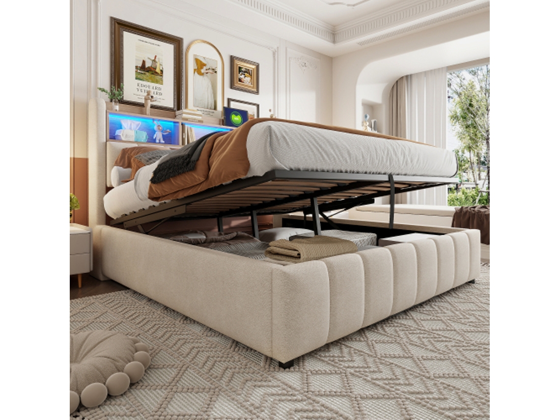 Cama Casal 180x200cm Com Led, Usb E Cabeceira Armazenável Hidráulico, Tecido Linho Bege Ehstmind