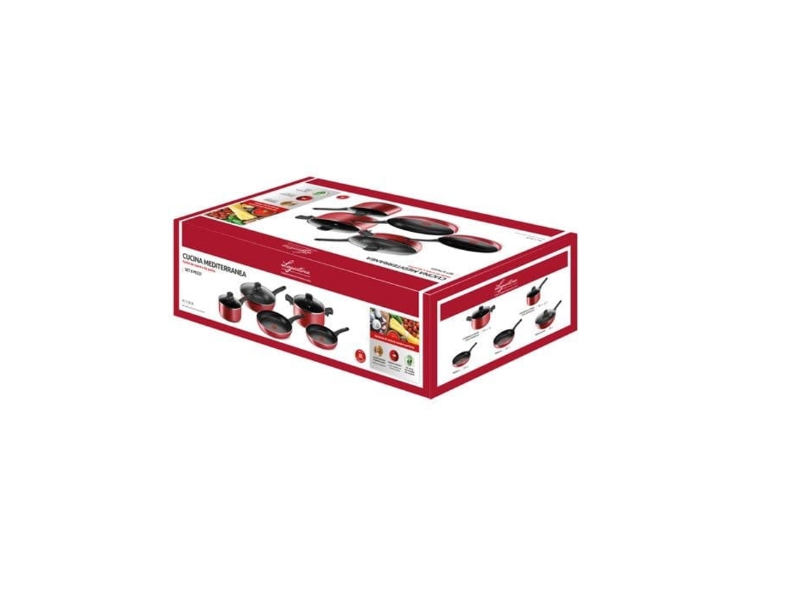 Cucina Mediterranea Conjunto 8 Peças Alumínio Vermelho LAGOSTINA (panela 18 Cm, Frigideiras 24/28 Cm)