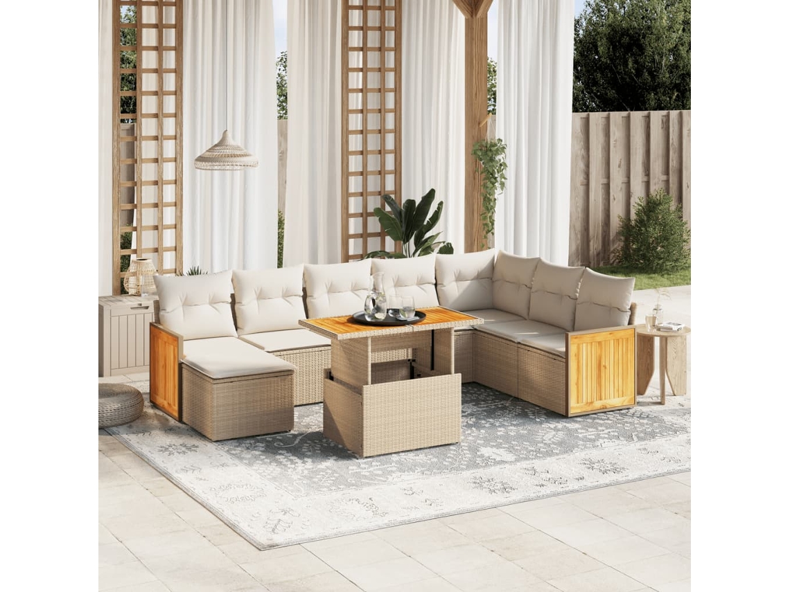 Vidaxl 9 Pcs Conjunto De Sofás P/ Jardim Com Almofadões Vime Pe Bege