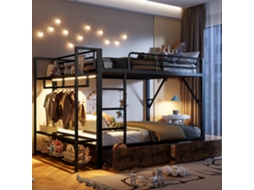 Cama 140x200cm Ferro Preto Com Gavetas Prateleiras Led Barra De Roupas