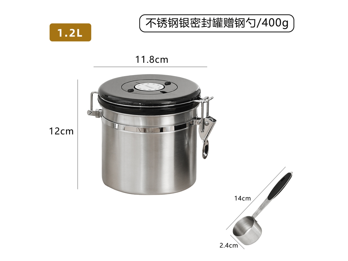 Pote para Armazenar Grãos de Café em Aço Inoxidável 304, com Tampa Hermética e Colher.prata 1,5l YUNZII
