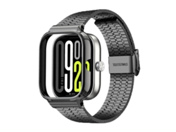 Bracelete Para Redmi Watch 6 / 5 / 4 - Aço Inoxidável - Fivela Integrada Sete Contas - Estrutura Metálica Preta