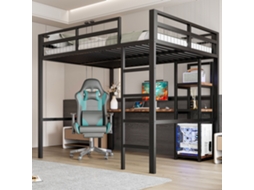 Cama Loft, 140 X 200cm, Estrutura De Ferro, Várias Prateleiras, Secretária Com Tomada, Corrimão, Escada, Sem Colchão, Preto