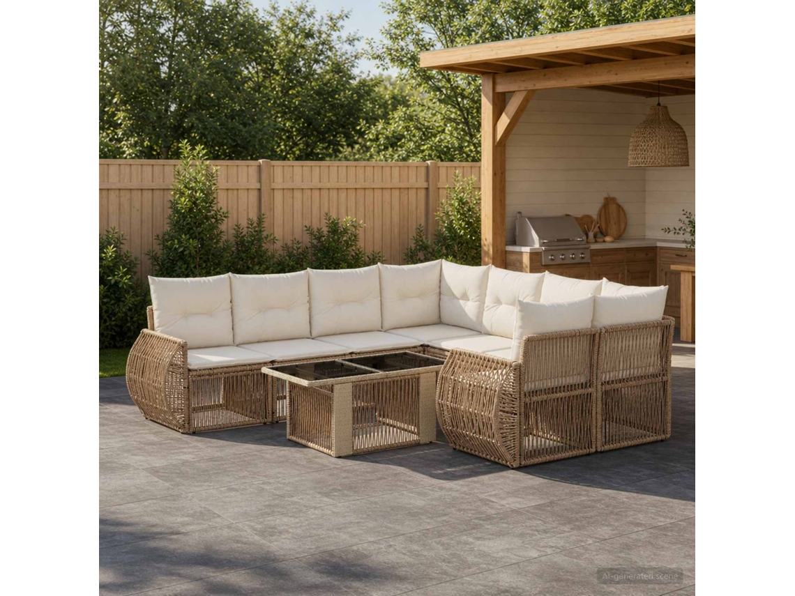 Vidaxl Conjunto De Sofá De Jardim 9 Unid. Bege E Branco Creme Vime Pe