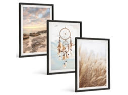 Composição De Quadros Mar, Nuvens, Apanhador De Sonhos, Grama Moldura Preta Fotos Para O Escritório Espelharte (3 Piezas De 40x60 Cm)