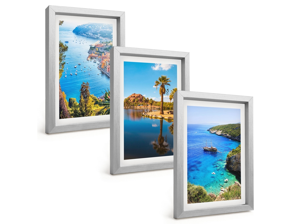 Conjunto De Pinturaspalmeiras À Beira-mar, Água Azul Moldura Prateada Quadros Para A Sala De Estar Espelharte (3 Peças 20x30 Cm)