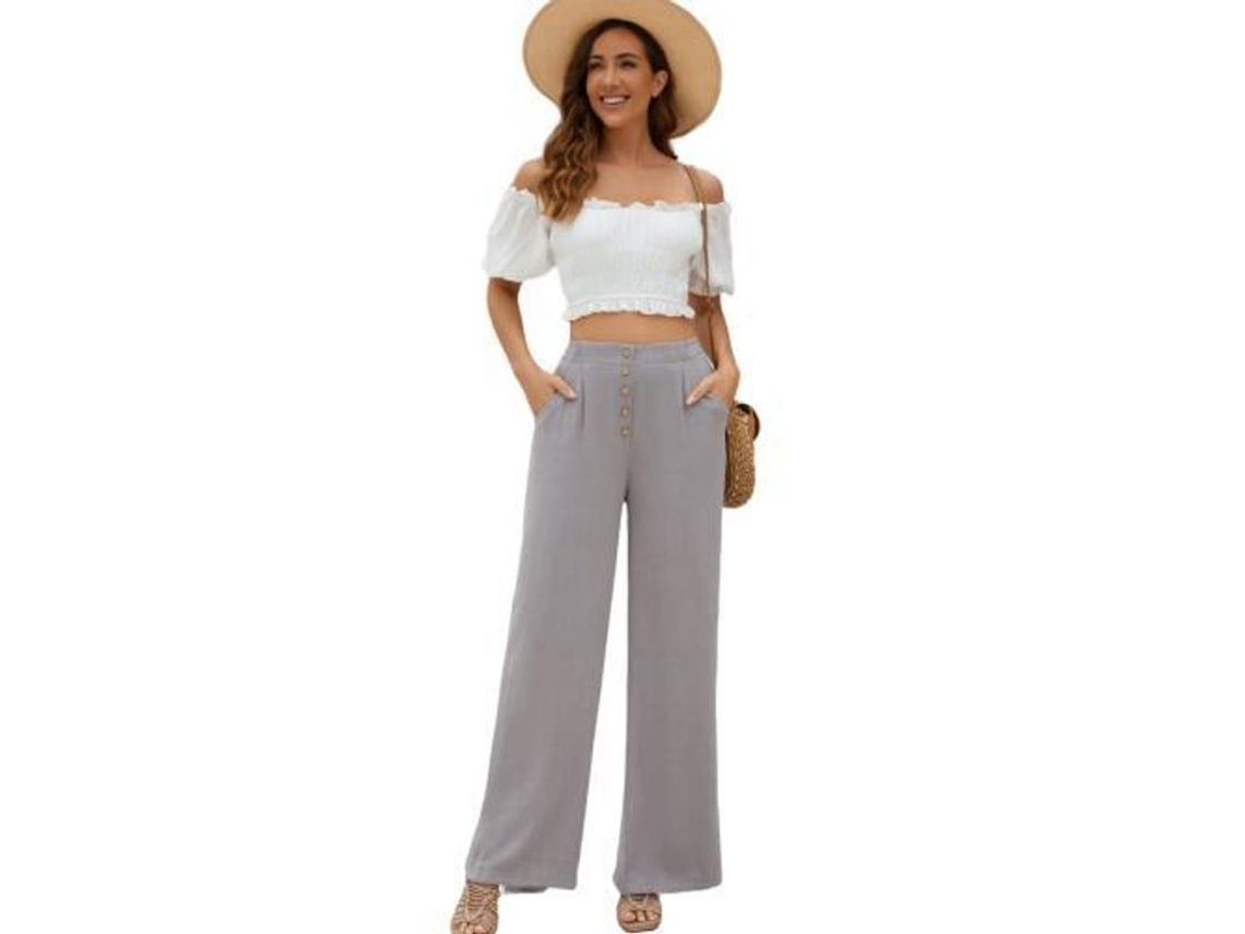 2026 pantalones Anchos de Algodón Y Lino para Mujer Alto Talle Con Botones Y Bolsillos Verano M Gris
