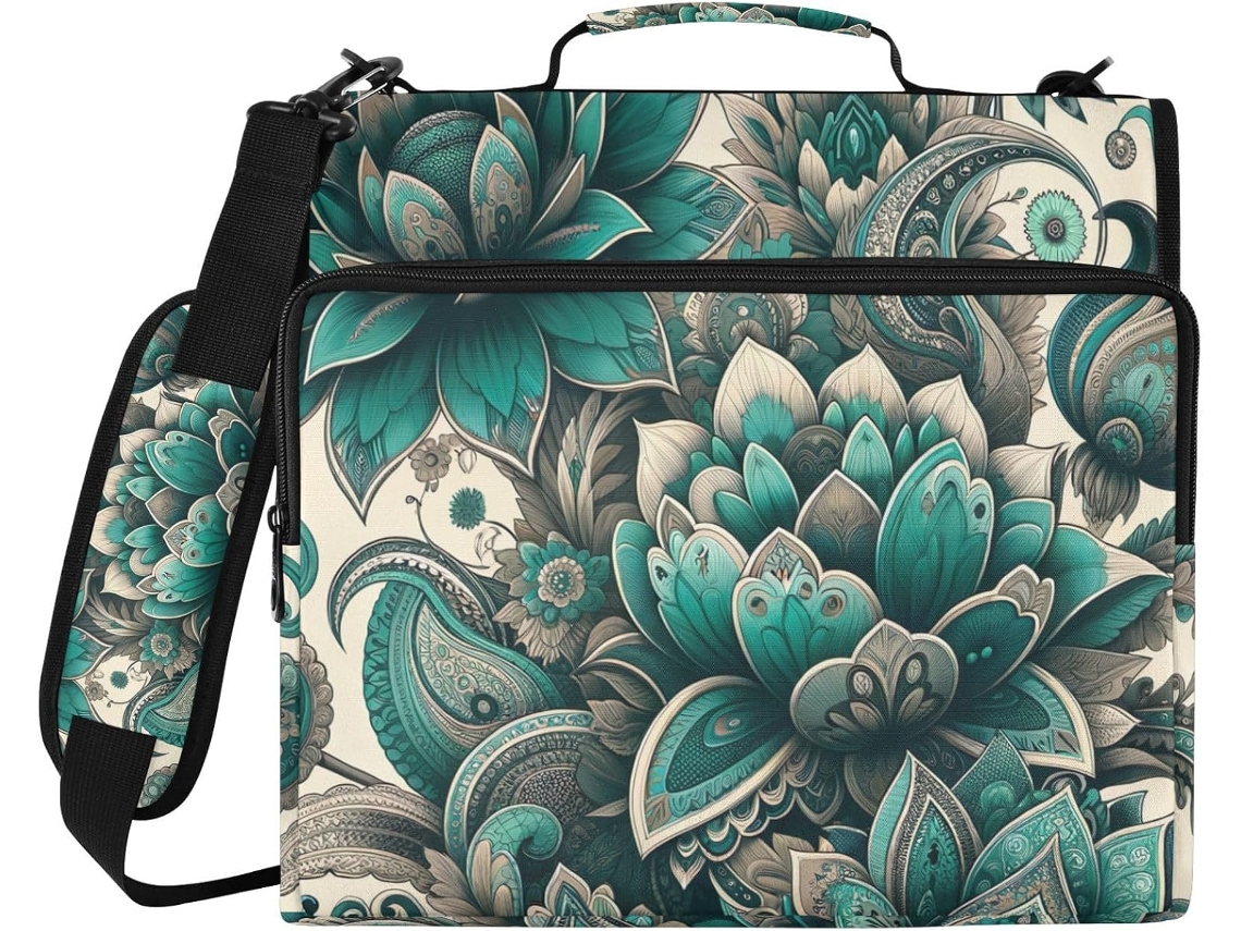 Organizador de bolsa estilo boêmio com estampa floral paisley, fechamento em zíper, tecido resistente à água e compartimento.