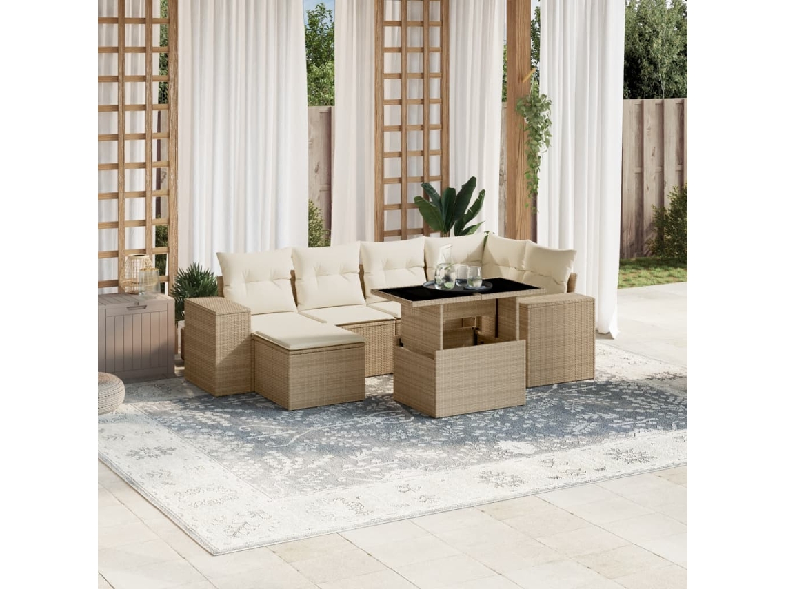 Vidaxl 7 Pcs Conjunto De Sofás P/ Jardim Com Almofadões Vime Pe Bege