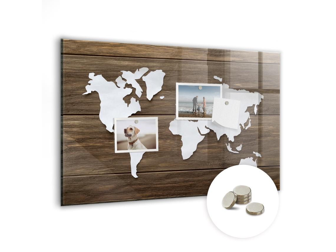 Quadro De Vidro Magnético Mapa Mundo Em Tábuas De Madeira Para O Escritório Espelharte (60x40 Cm)