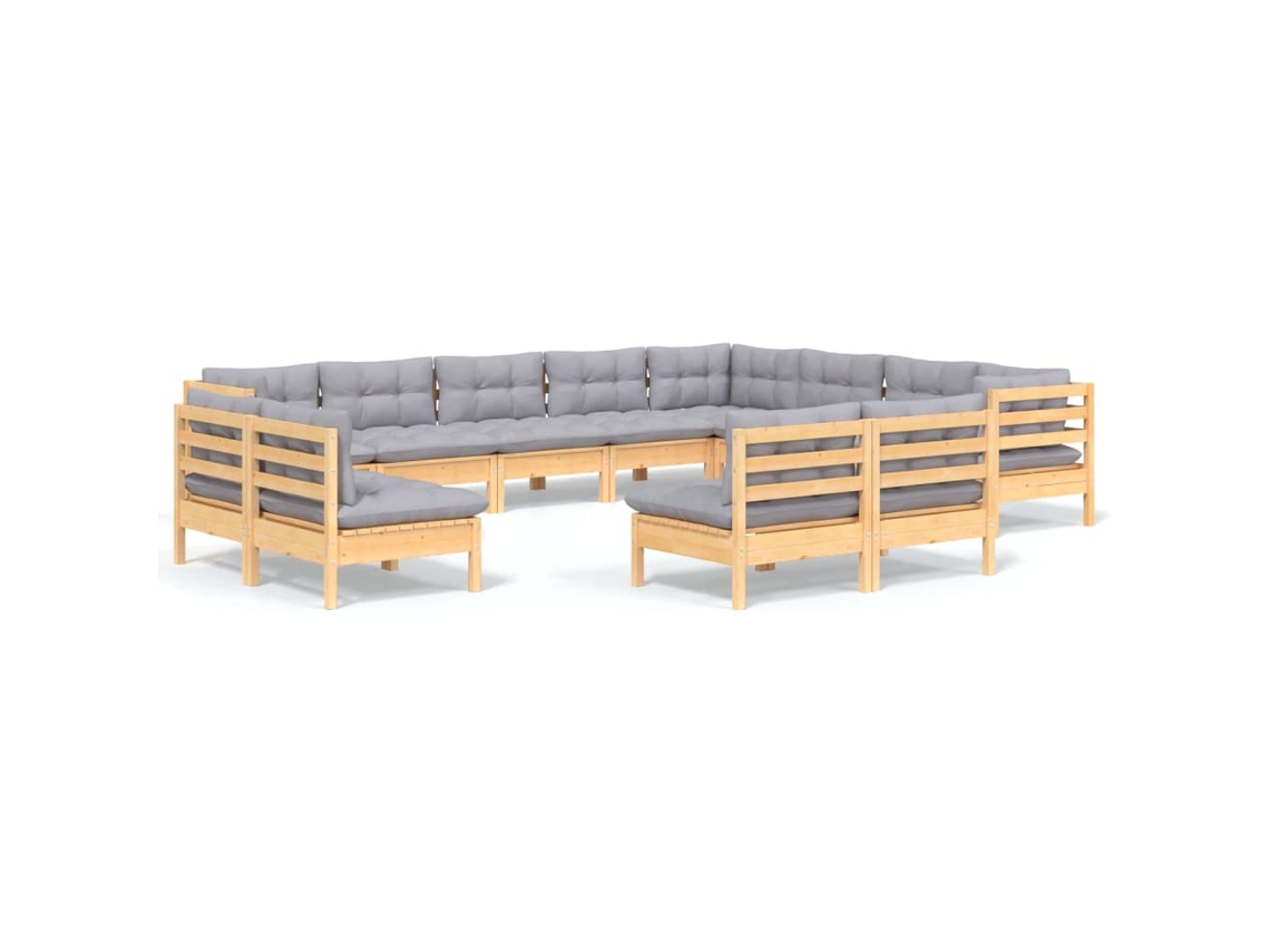 Conjunto de 12 Lounge de Jardim com Almofadões Cinza Pinho Maciço MAISON EXCLUSIVE