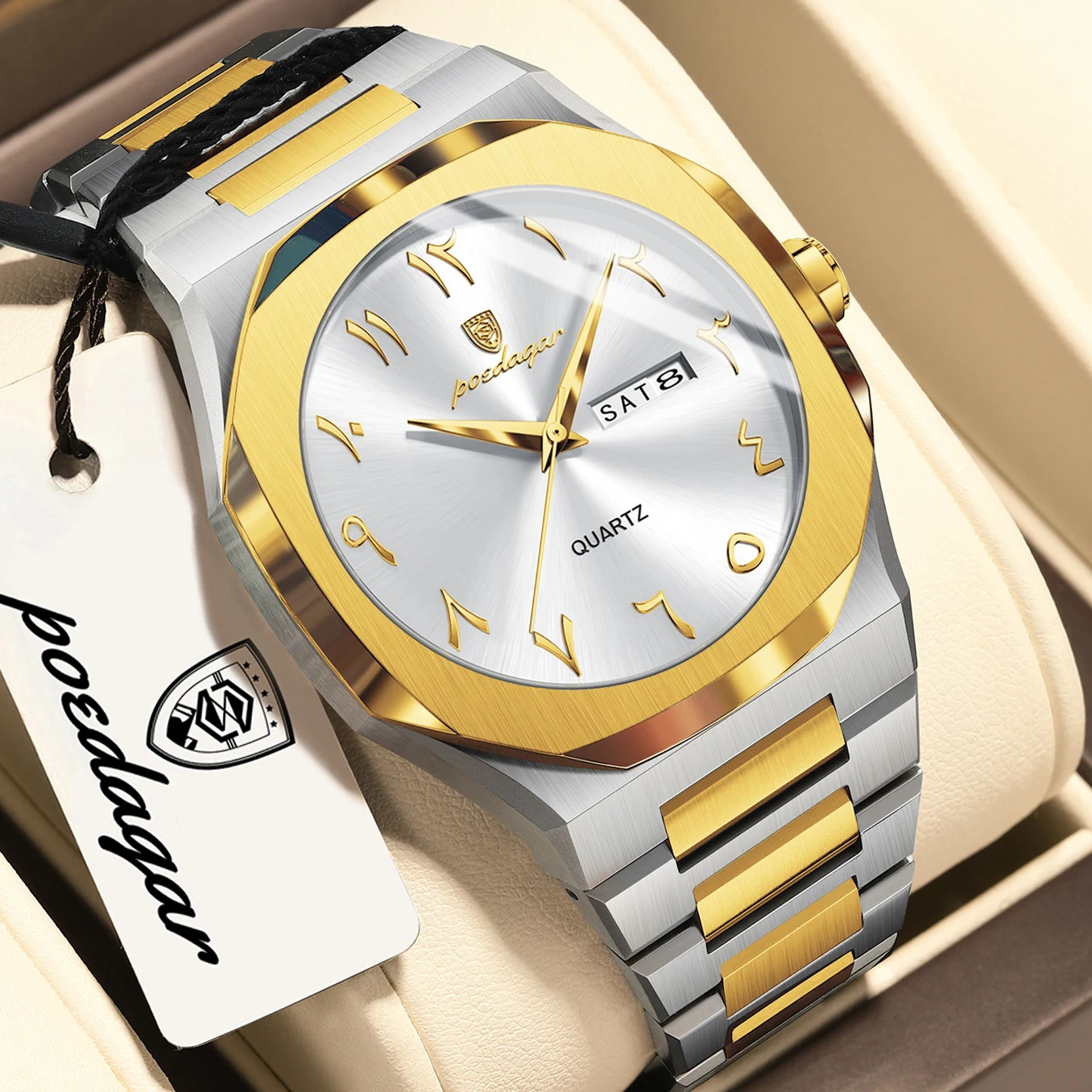 Relógio Masculino Clássico Original (dourado E Branco), À Prova D'água, Com Dia E Data, Relógio Masculino Elegante.
