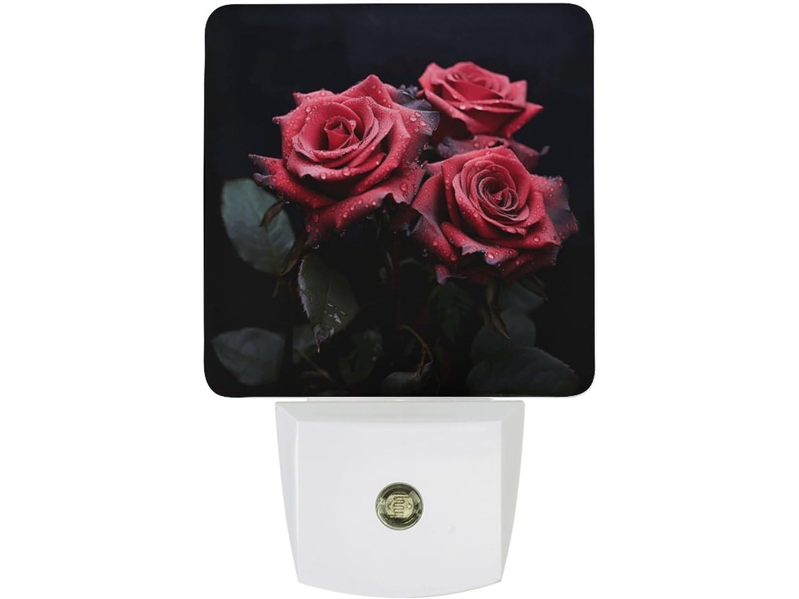 Luminária Noturna Com Estampa De Rosa Vermelha E Folha Preta, Luminária Noturna Decorativa, Luminária Noturna