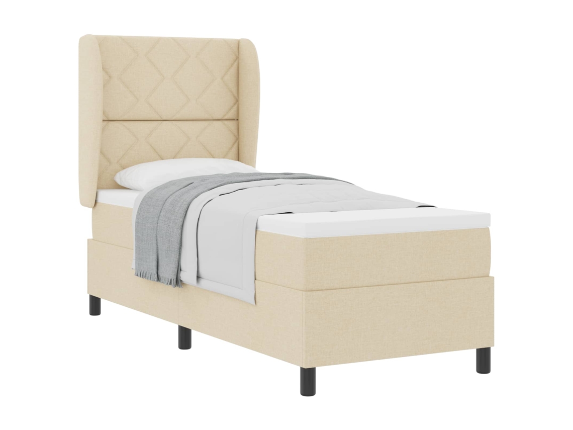 Cama De Solteiro | Camas Para Quarto | Cama Box Com Colchão Com Cabeceira Creme 80 X 200 Cm Tecido