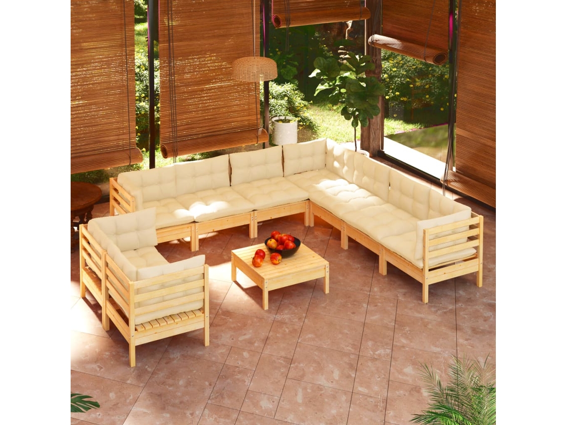 Vidaxl 10 Pcs Conjunto Lounge Jardim C/ Almofadões Creme Pinho Maciço