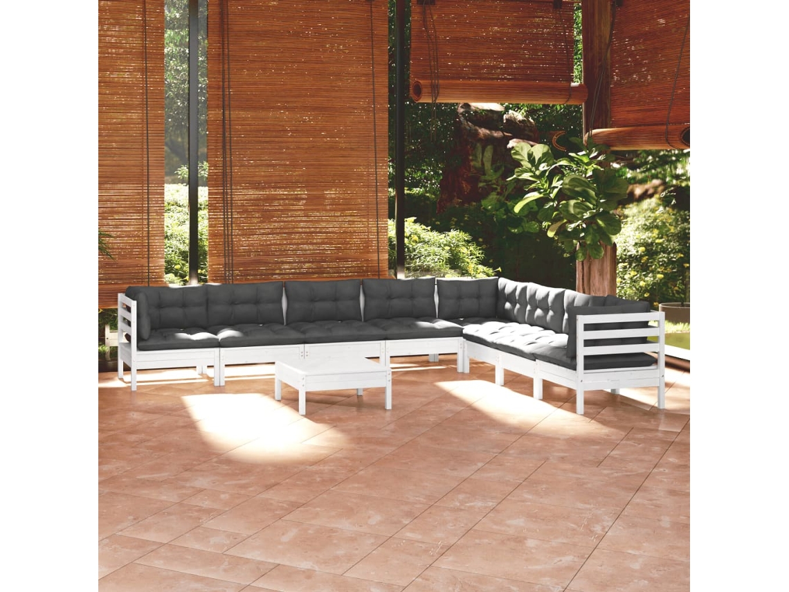 Vidaxl 9 Pcs Conj. Lounge De Jardim C/ Almofadões Pinho Maciço Branco